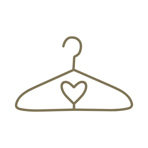 Simple line drawing of a clothes hanger with a heart shape incorporated into its design in brown color.