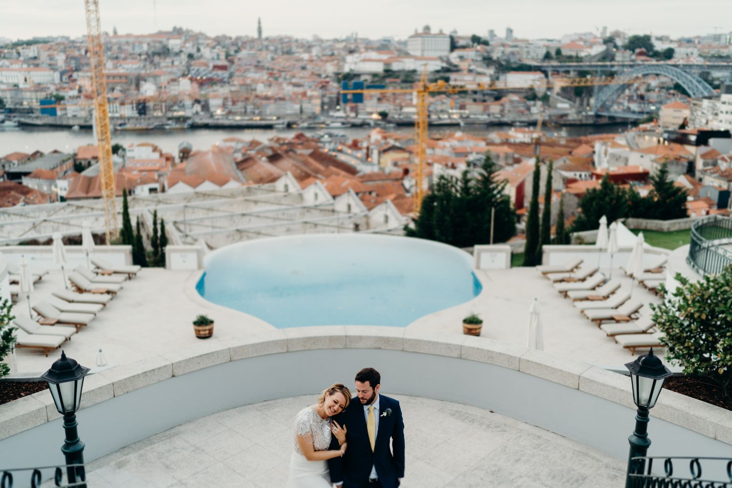 Elopement couple at The Yeatman rooftop — cinematic view over Porto city skyline
