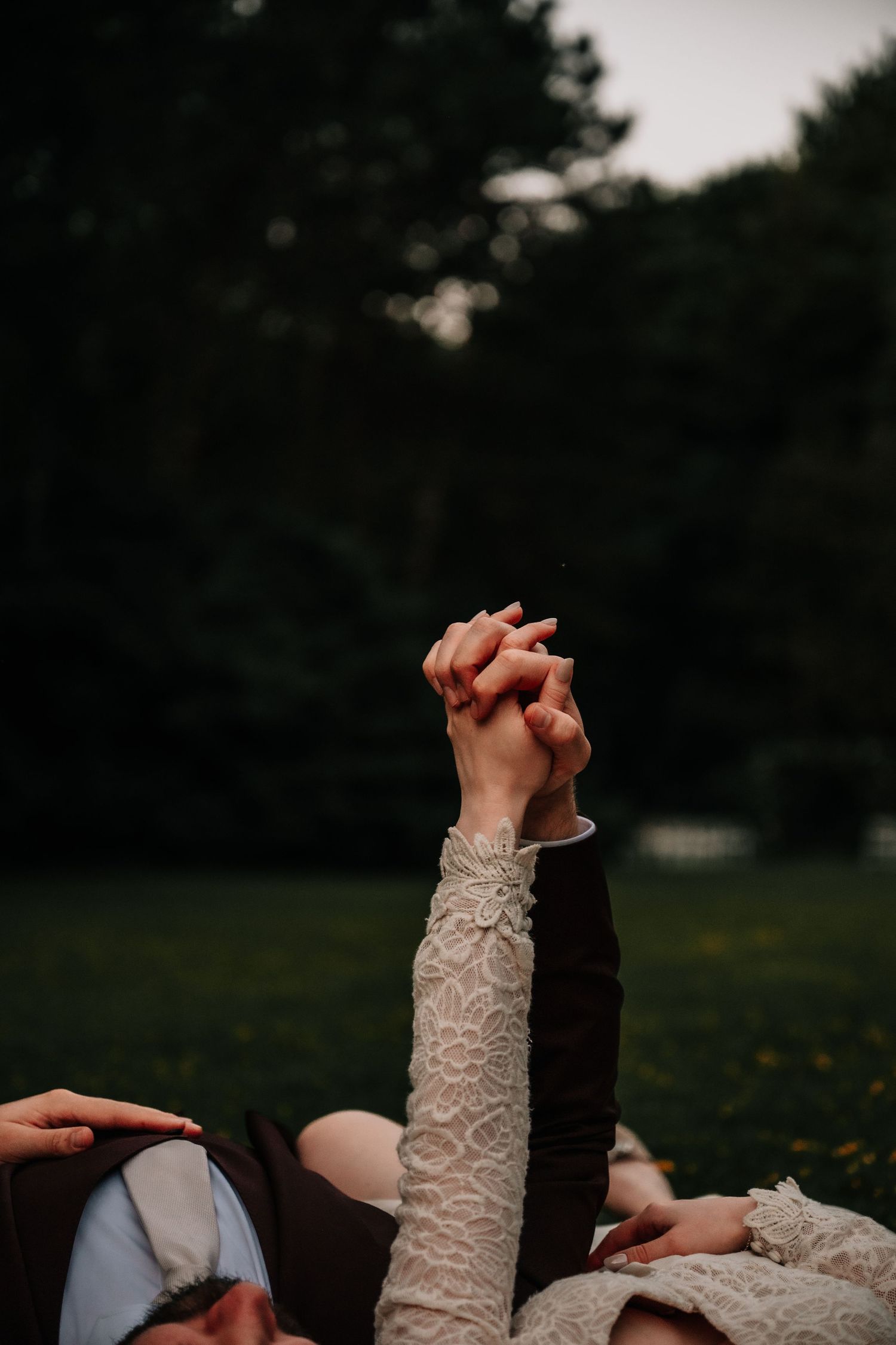 Two people lying in a grassy field at dusk hold hands up together against a dark treeline background.