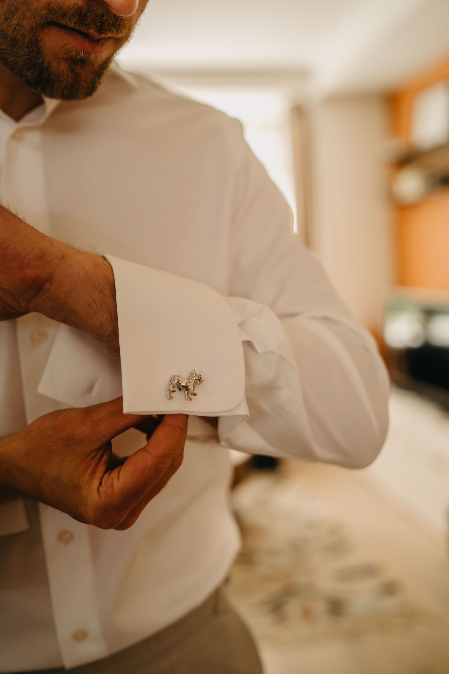 Close up of elegant silver cufflinks being fastened on white dress shirt sleeve.