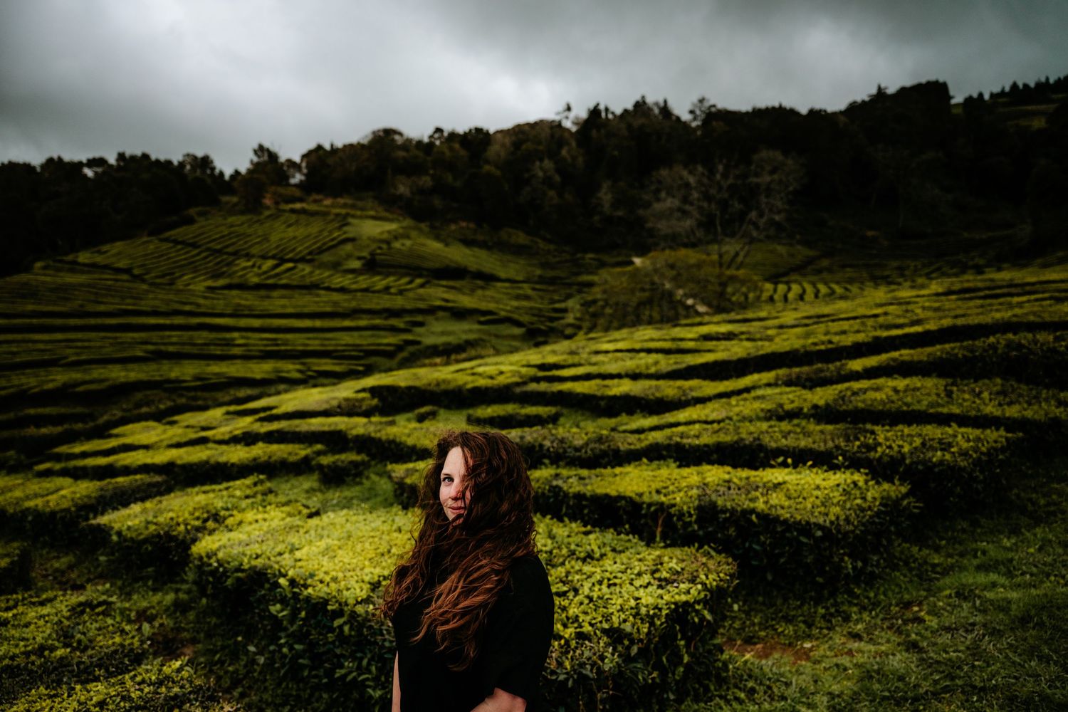 Scenic view of terraced green hillside with figure standing in natural landscape.