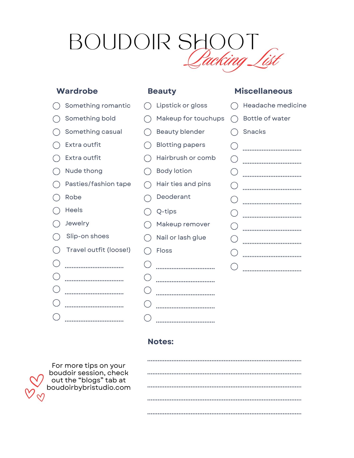 Free Downloadable Boudoir Shoot Packing List