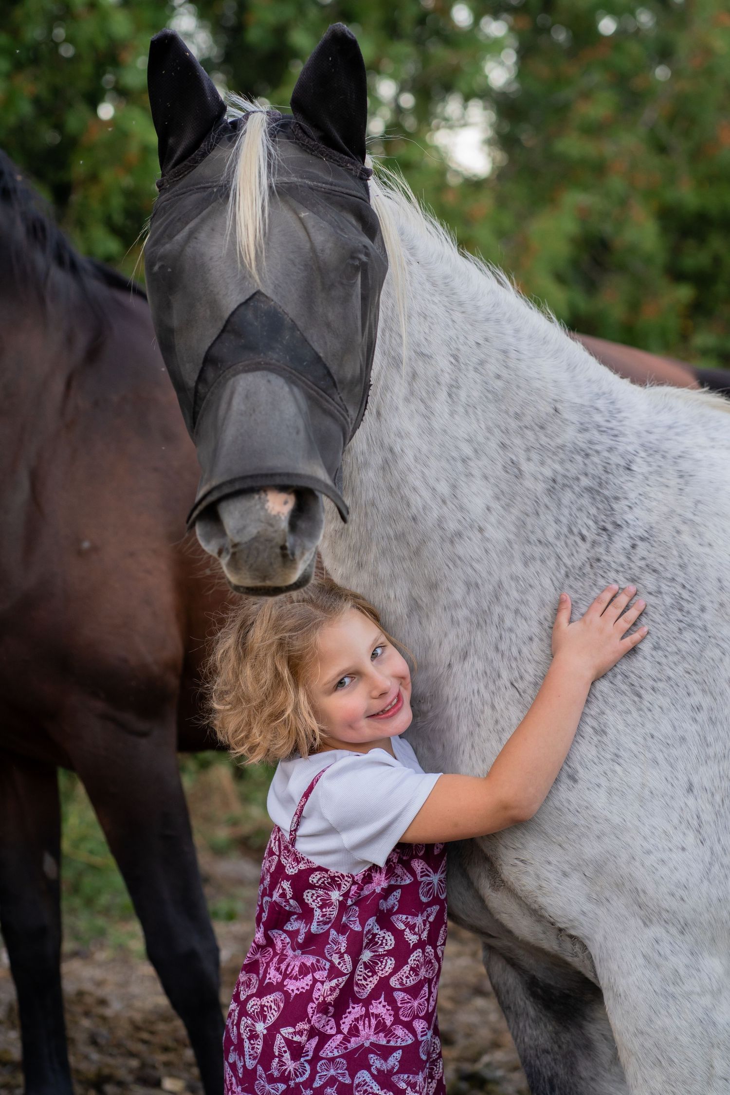 A young child in a red floral dress hugs the side of a dappled gray horse wearing a dark fly mask.