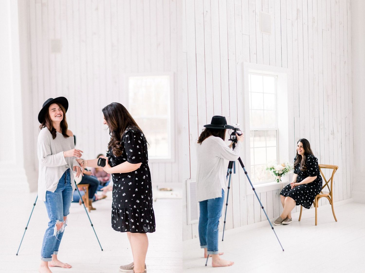 Behind the scenes photo shoot in bright white studio with photographer, assistants and model on wooden chair.