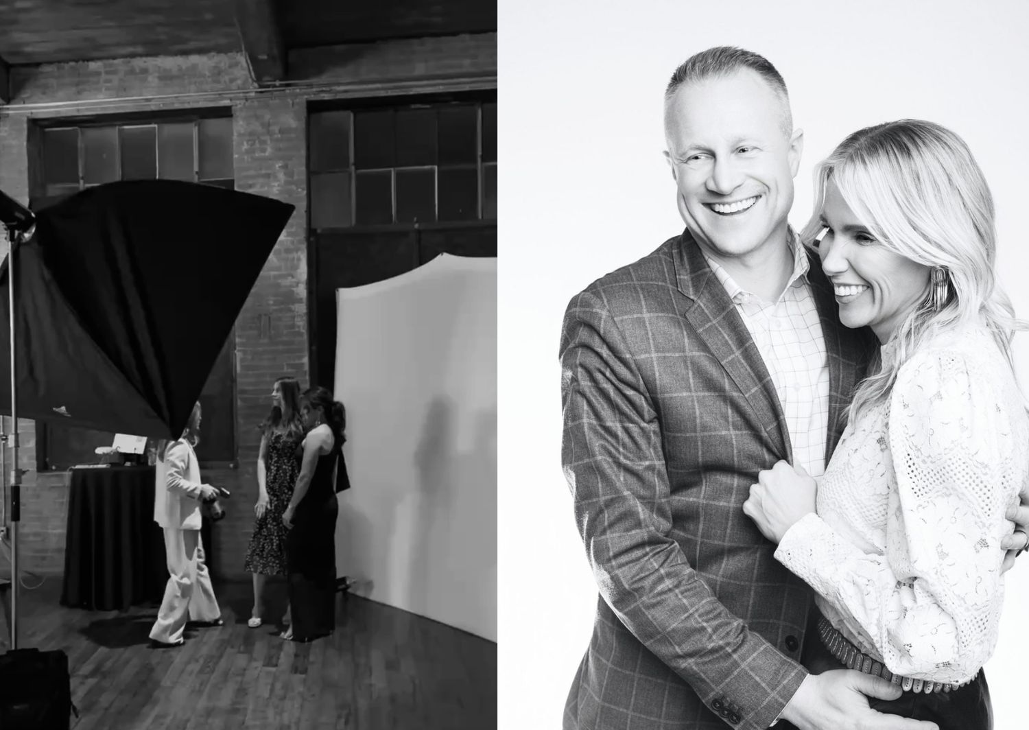Black and white split image showing behind the scenes photo shoot setup and a casual formal couple portrait.