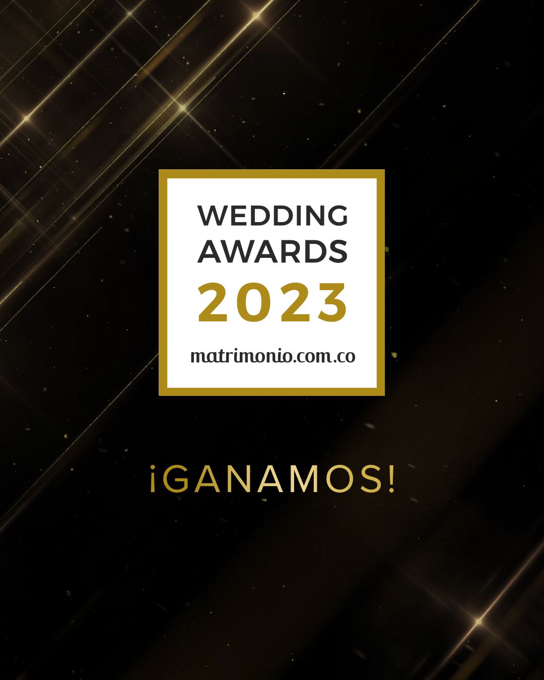 A black and gold Wedding Awards 2023 announcement graphic for matrimonio.com.co with sparkly background effects.