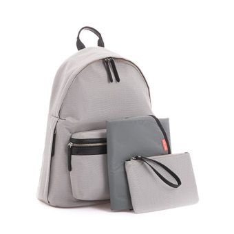 Light gray backpack set with matching wallet and cosmetic pouch featuring black trim and zipper details.