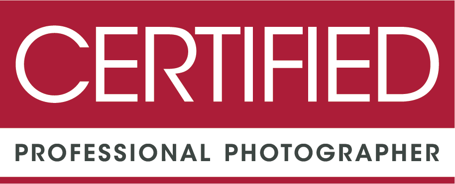 A red banner with white text reading 'Certified Professional Photographer' featuring official certification graphics.