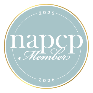 A circular light blue and gold membership badge for NAPCP displaying '2025-2026 Member' text.