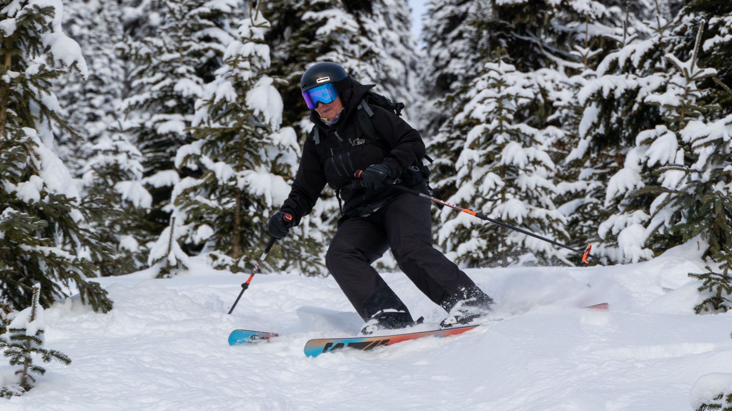 Skier in black gear navigating winter terrain with bright blue skis against snowy forest backdrop.