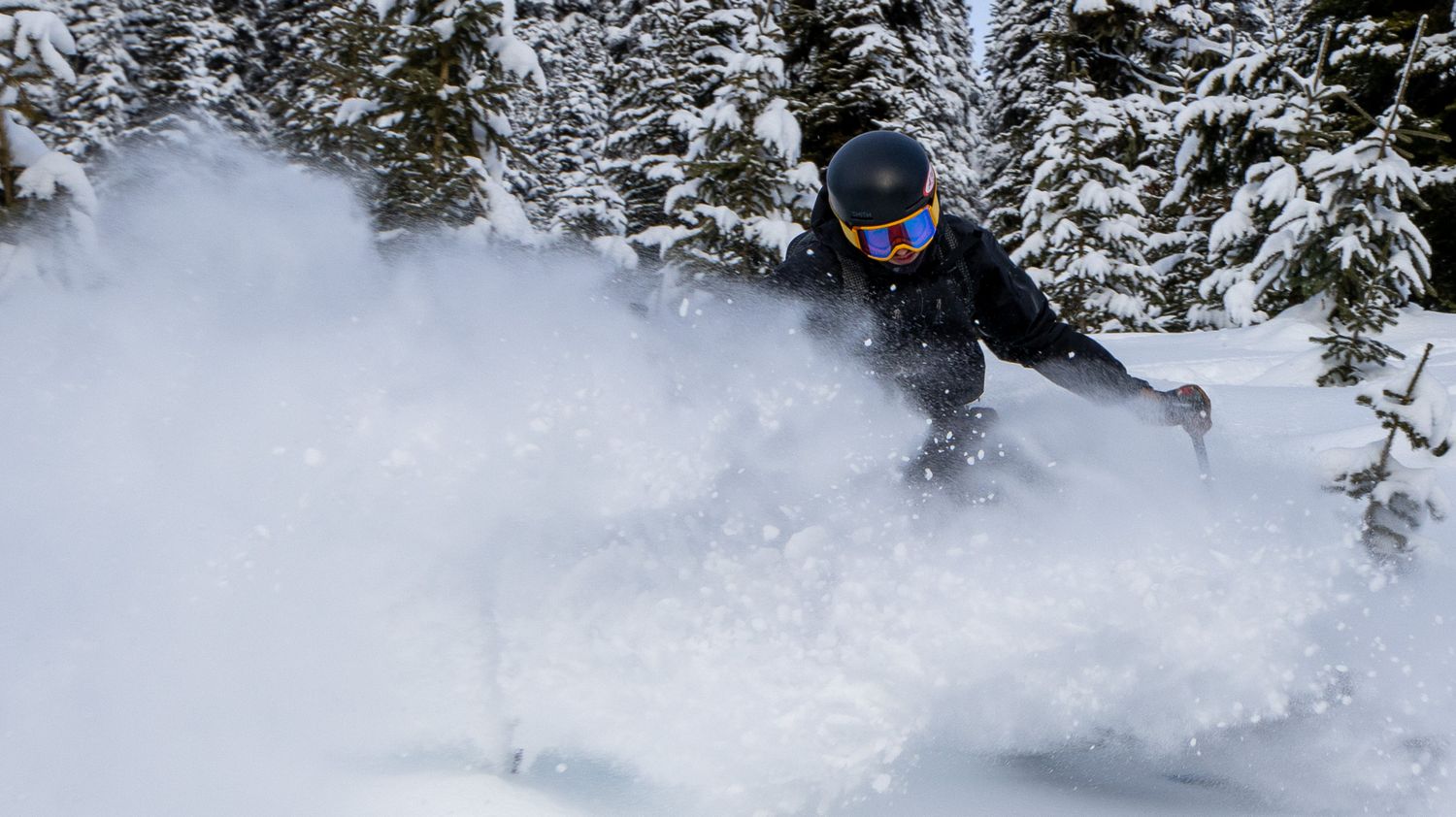 Skier creating a spray of powder snow while carving through deep winter terrain.
