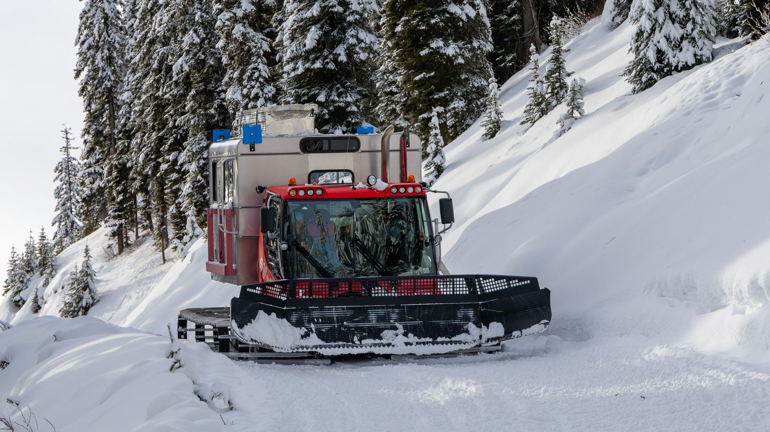 A red snowcat machine grooms snowy slopes between snow-covered pine trees in a winter landscape.