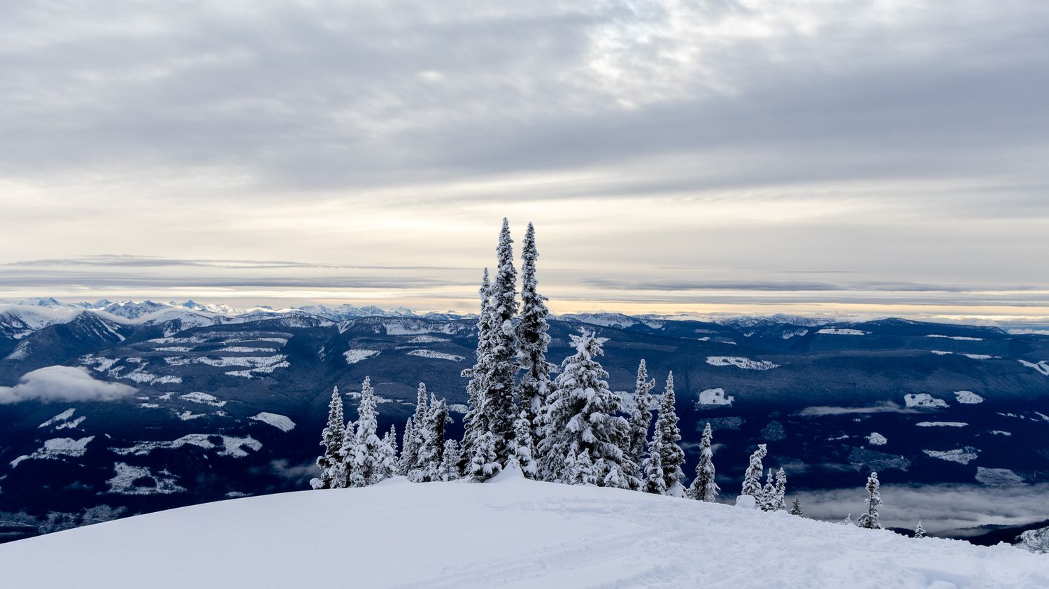 Snow-capped mountain peaks with frosted evergreen trees under cloudy winter sky.