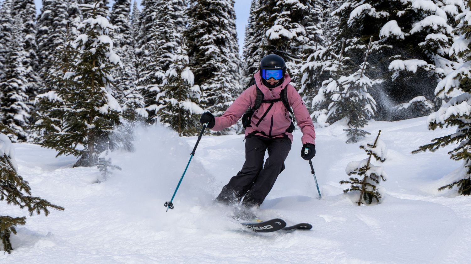 Winter sports enthusiast skiing through snow-covered forest terrain in a pink jacket.