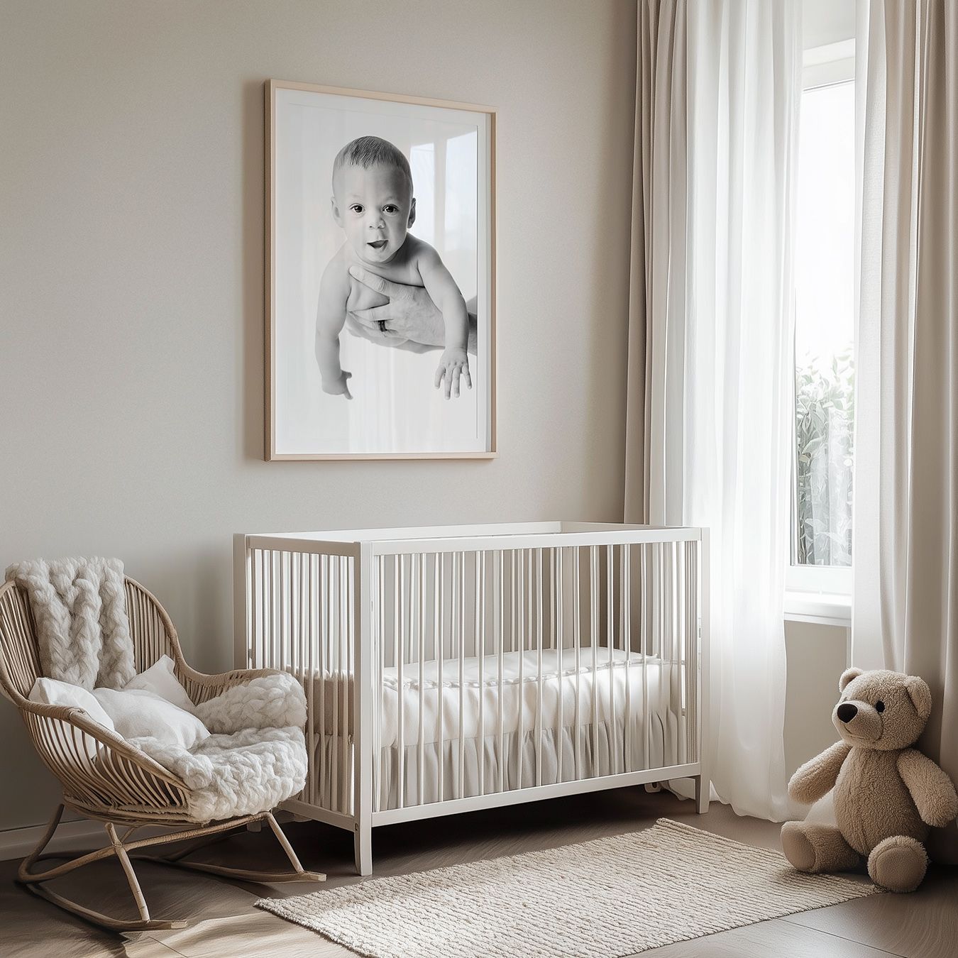 Minimalist nursery room features white crib, rocking cradle, and framed artwork in a serene neutral color palette.