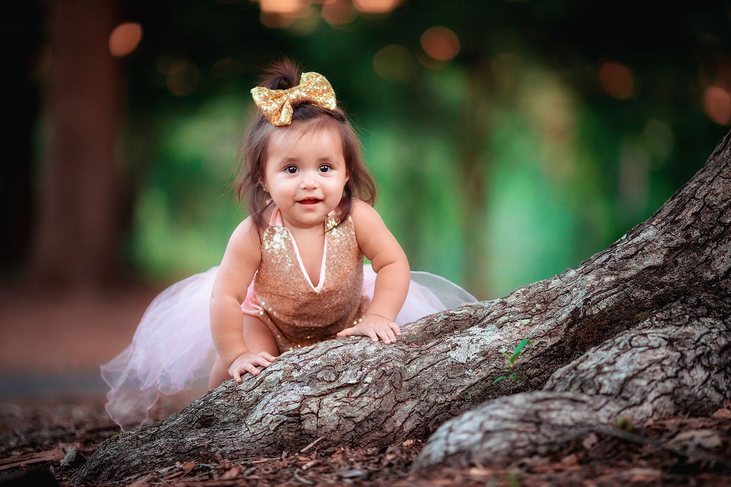 Small child in a tulle skirt and bow crawls on a large tree trunk in a dreamy outdoor setting.
