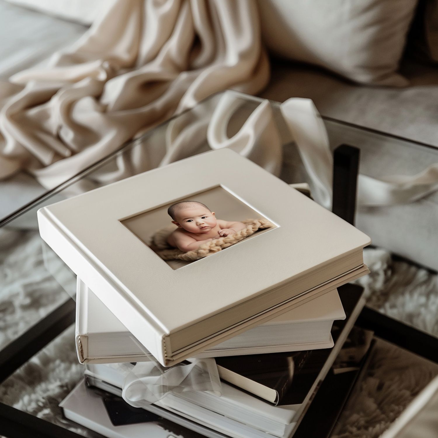 Stack of cream colored photo albums with newborn photo on fabric draped surface with soft lighting.