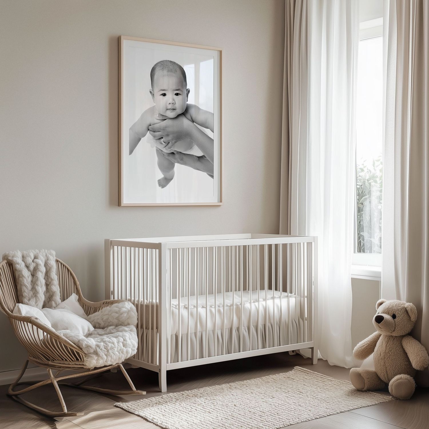 Modern nursery interior with white crib, rattan chair, teddy bear, and large framed artwork on beige wall near window.