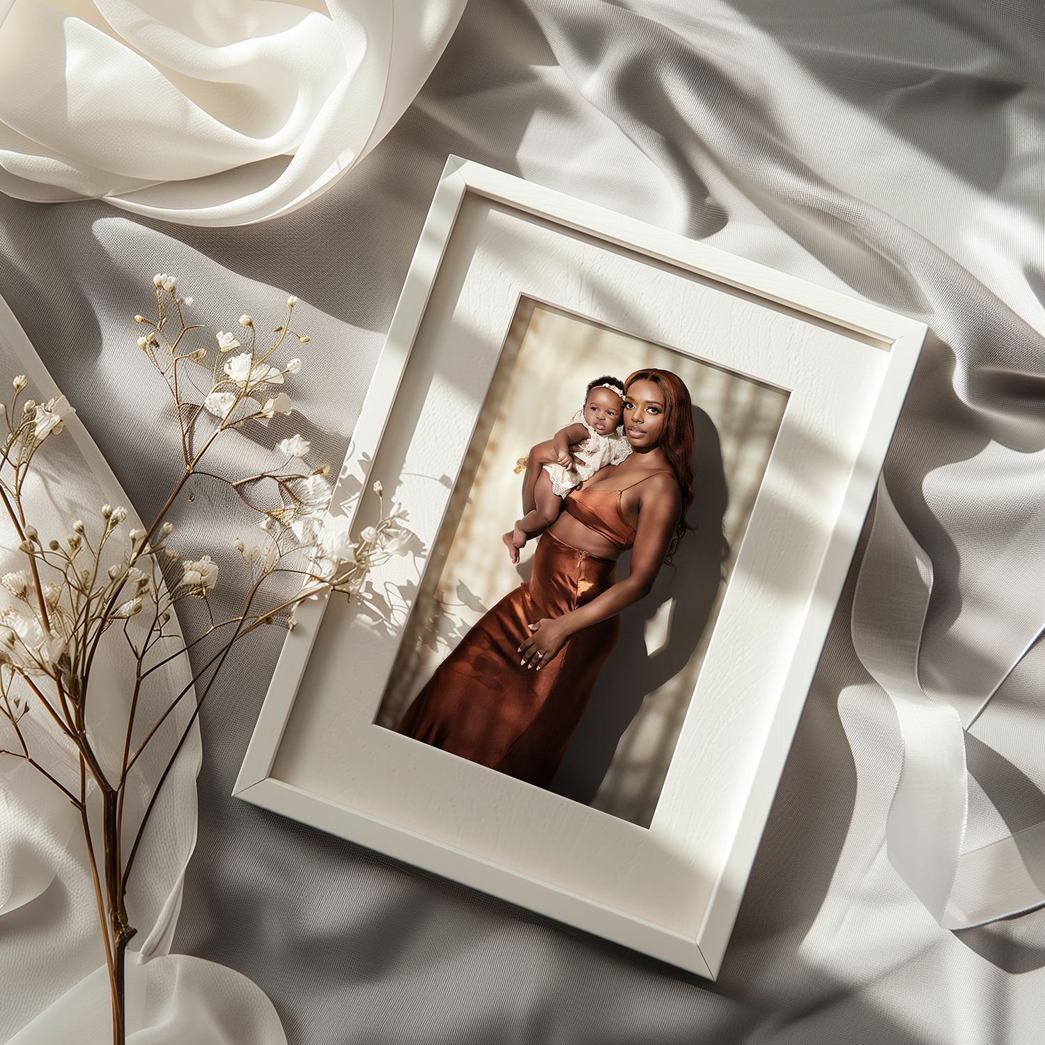 A framed photograph displayed on light gray silk fabric with dried baby's breath flowers for decoration.