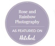 A purple circular logo for Rose and Rainbow Photography featuring text and a