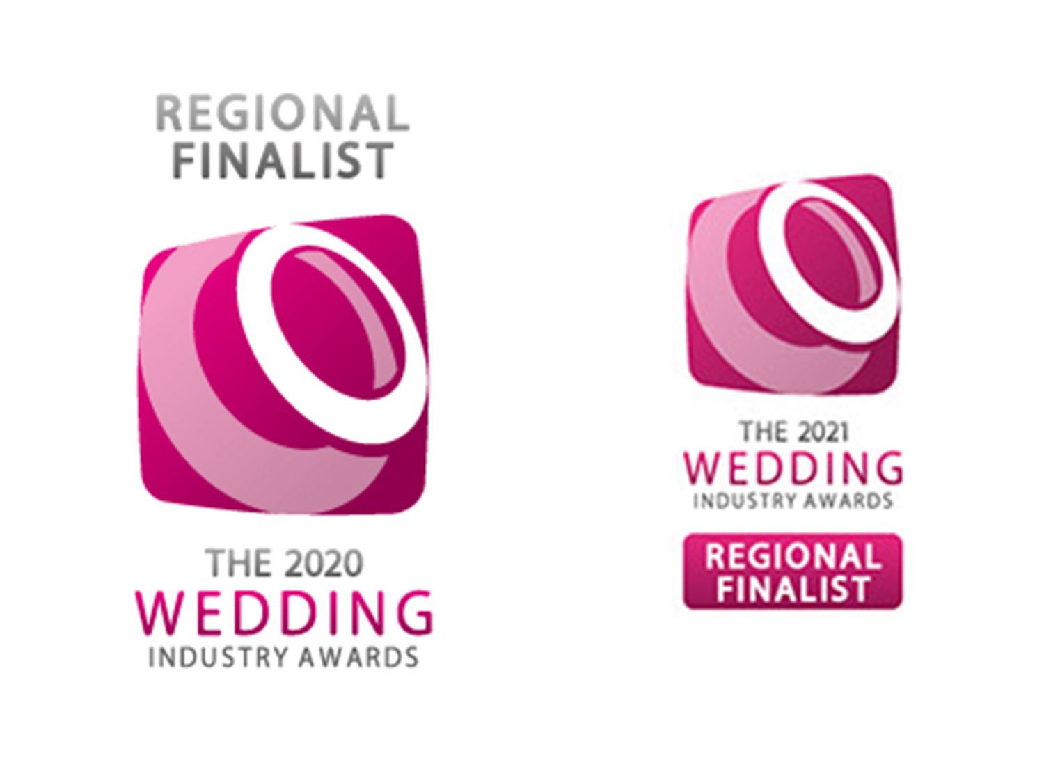Pink and white Wedding Industry Awards Regional Finalist logos from 2020 and 2021 events displayed side by side.