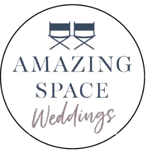 A circular logo design featuring folding director chairs and text reading 'Amazing Space Weddings' in navy and gray colors.