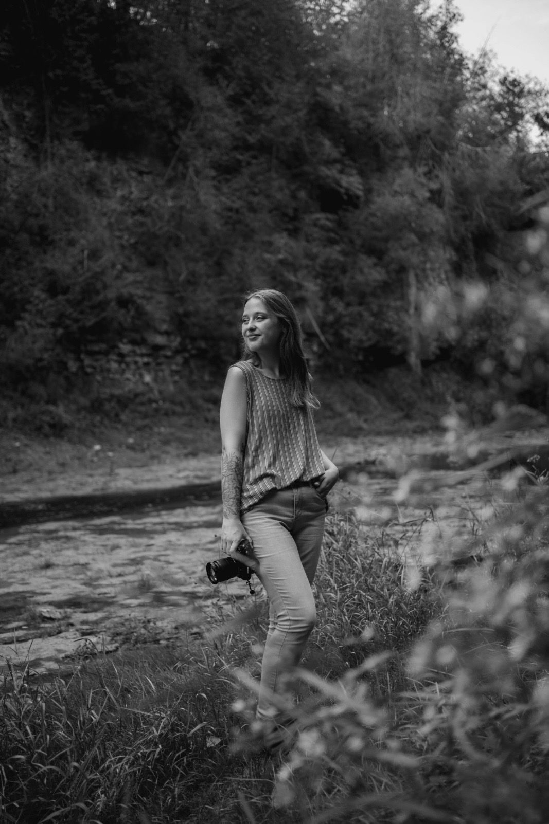 Artistic black and white photos captured in a natural riverside setting.