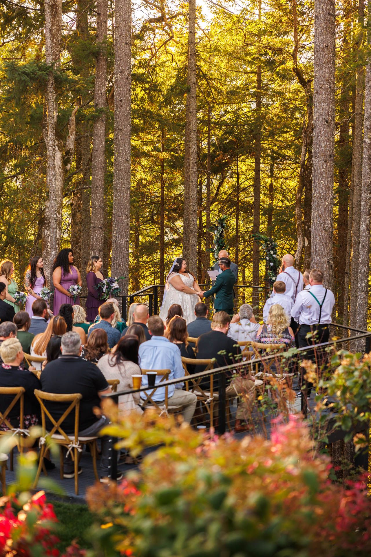 Forest wedding ceremony with guests seated among tall pine trees at sunset.