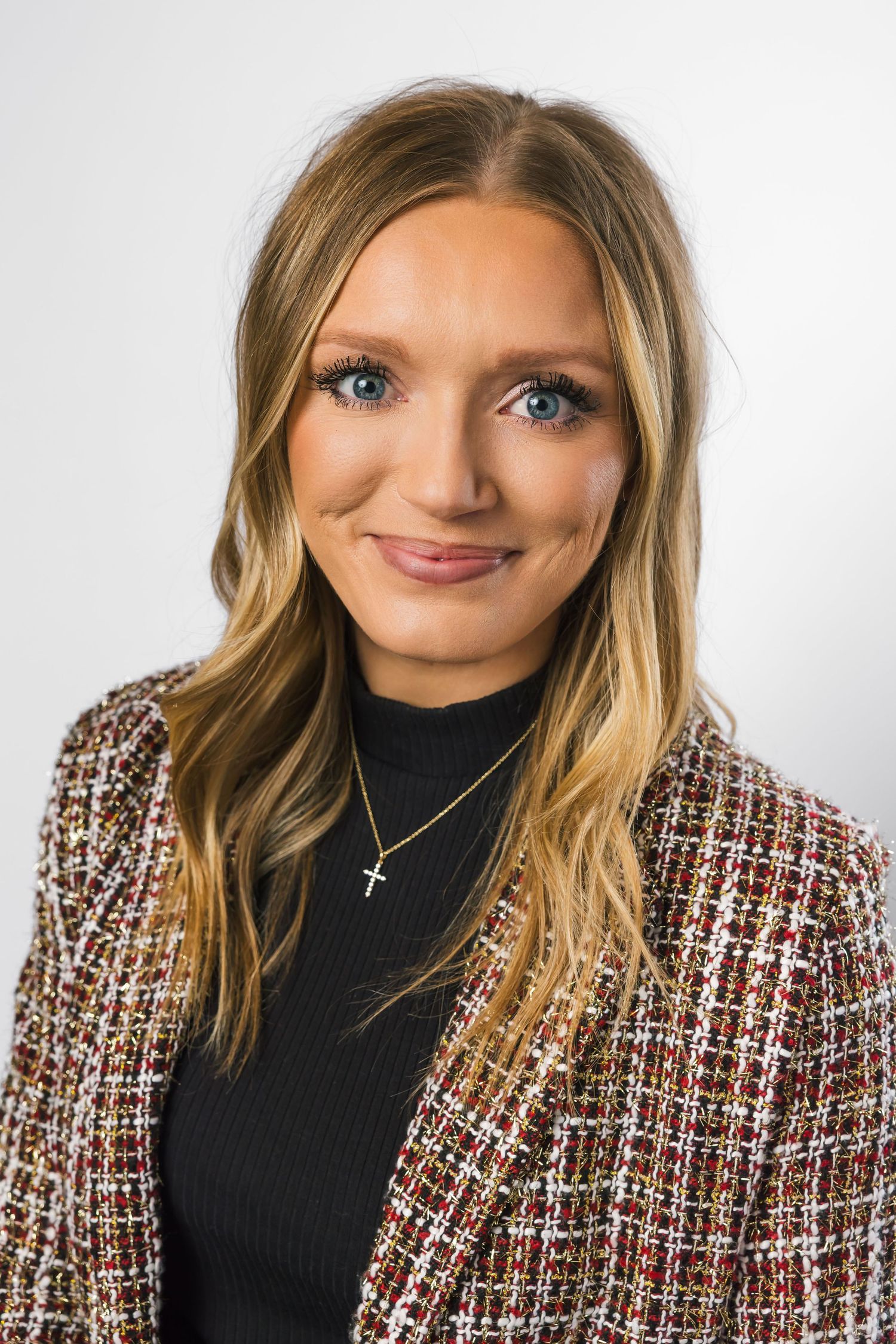 A person in a black turtleneck and brown tweed blazer smiles across a three-panel photo composition.