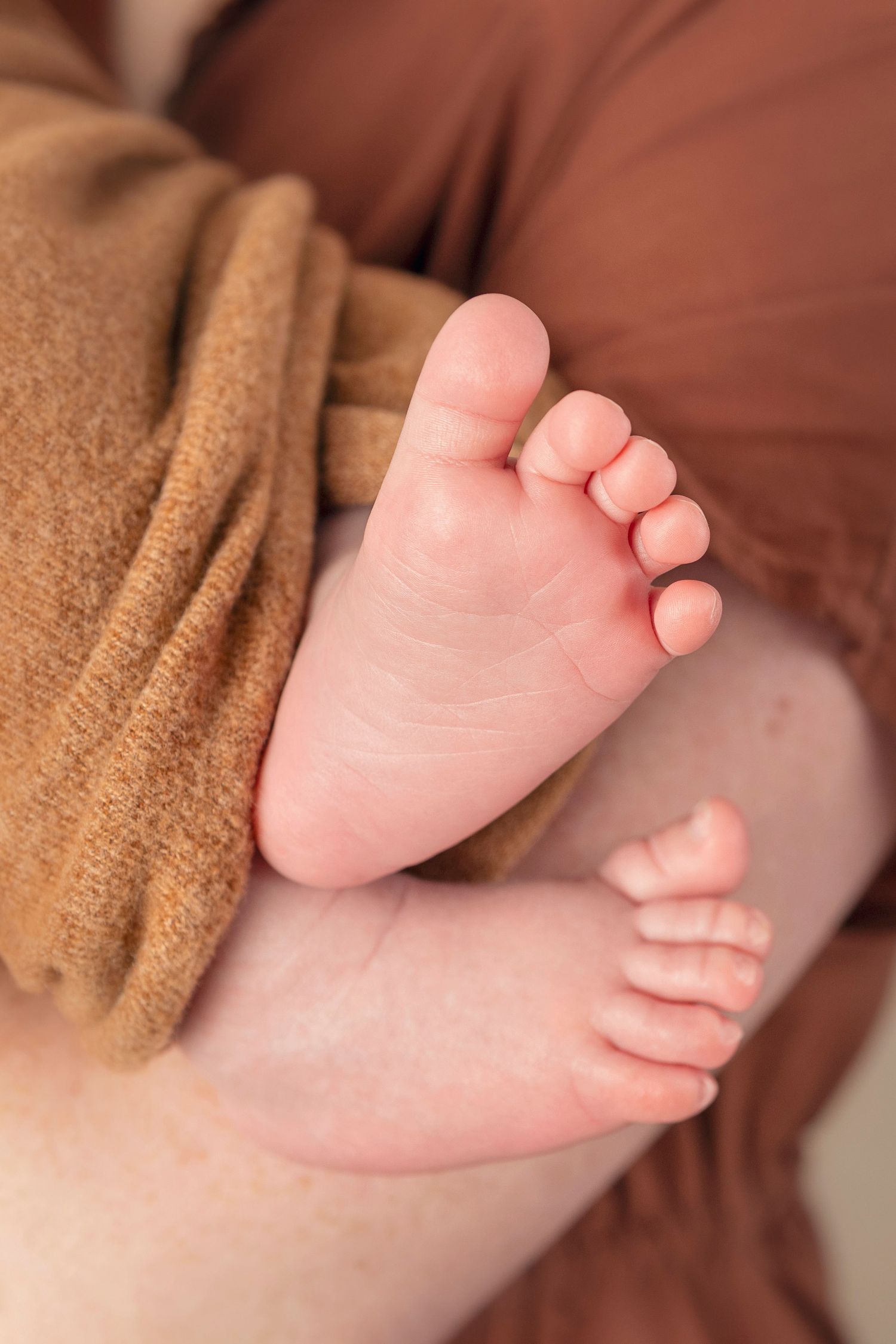 Close-up of tiny newborn feet with delicate toes against brown fabric.
