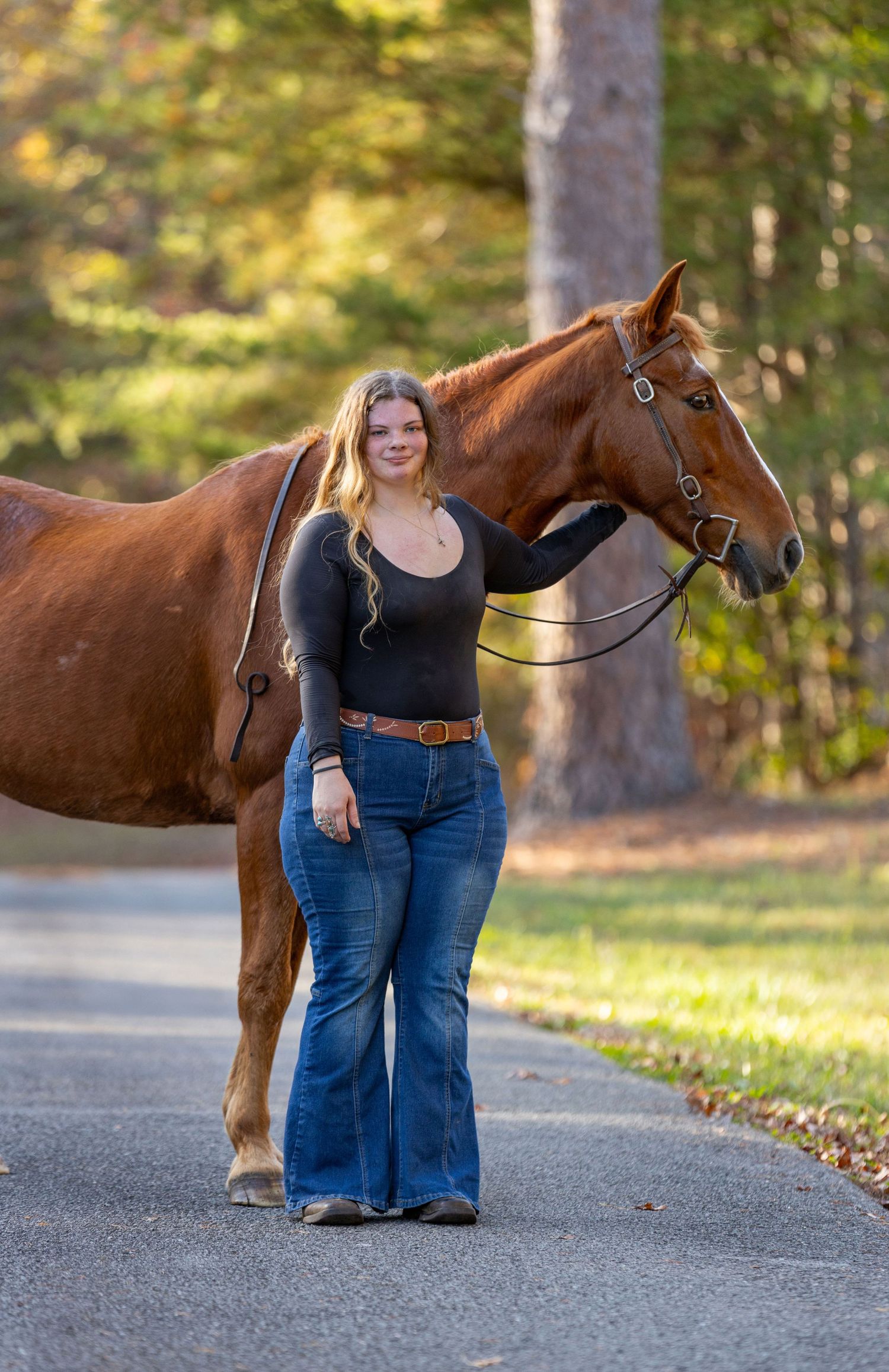 A chestnut horse and friend standing on a tree-lined path in fall.