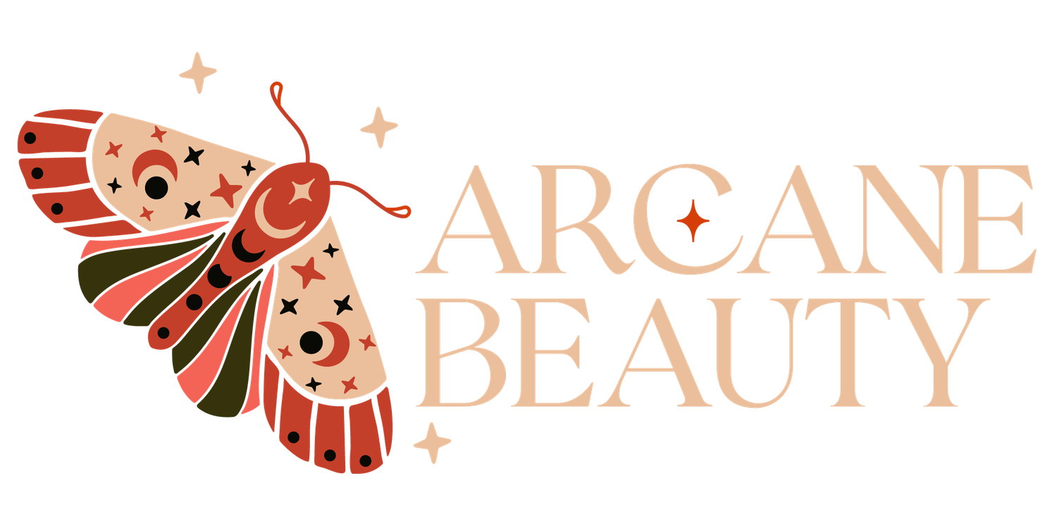 Stylized coral and pink moth logo design with text reading 'ARCANE BEAUTY' in elegant lettering. Esthetician & Makeup Artist