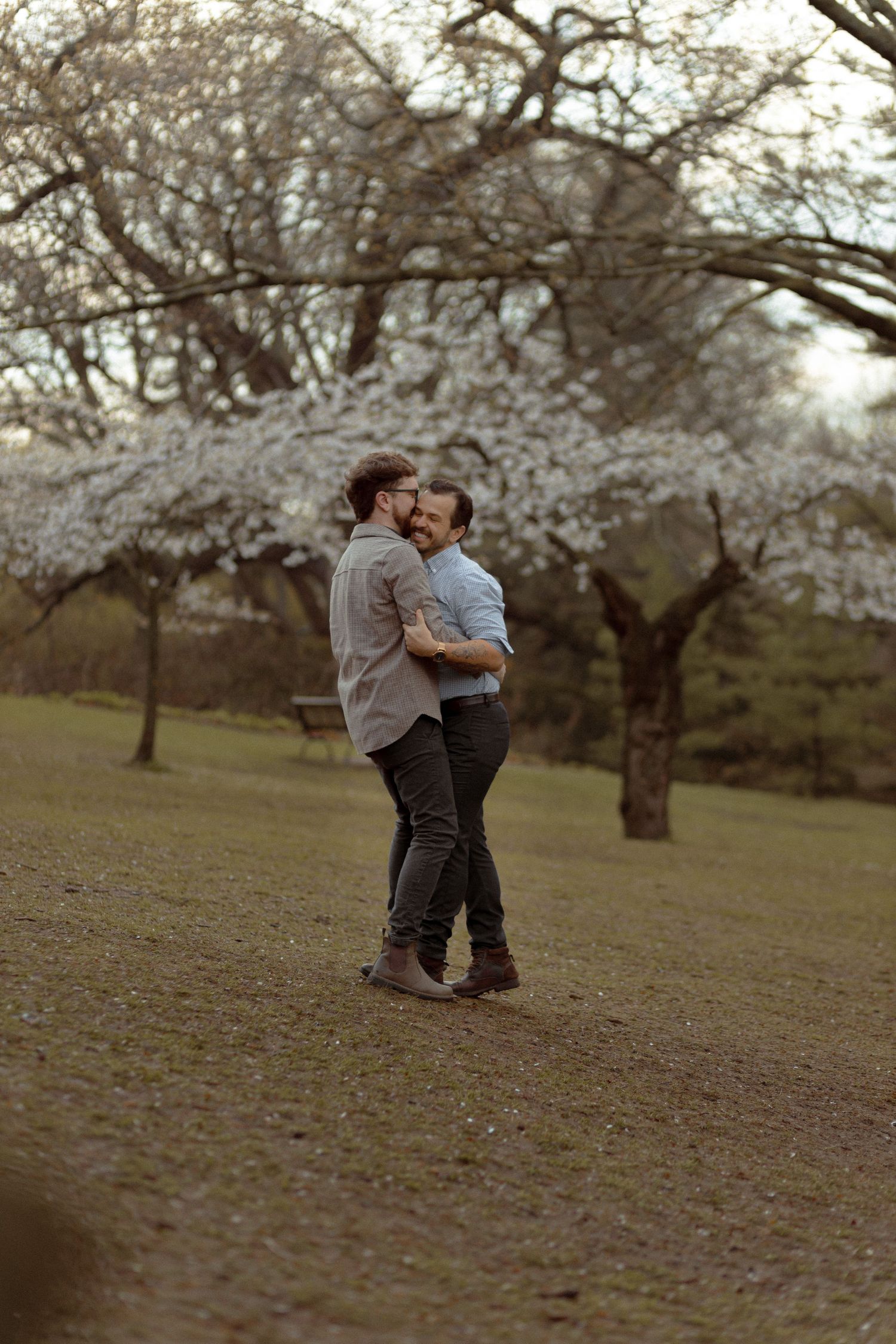 Gay couple at High Park during cherry Blossom season for their engagement photoshoot.