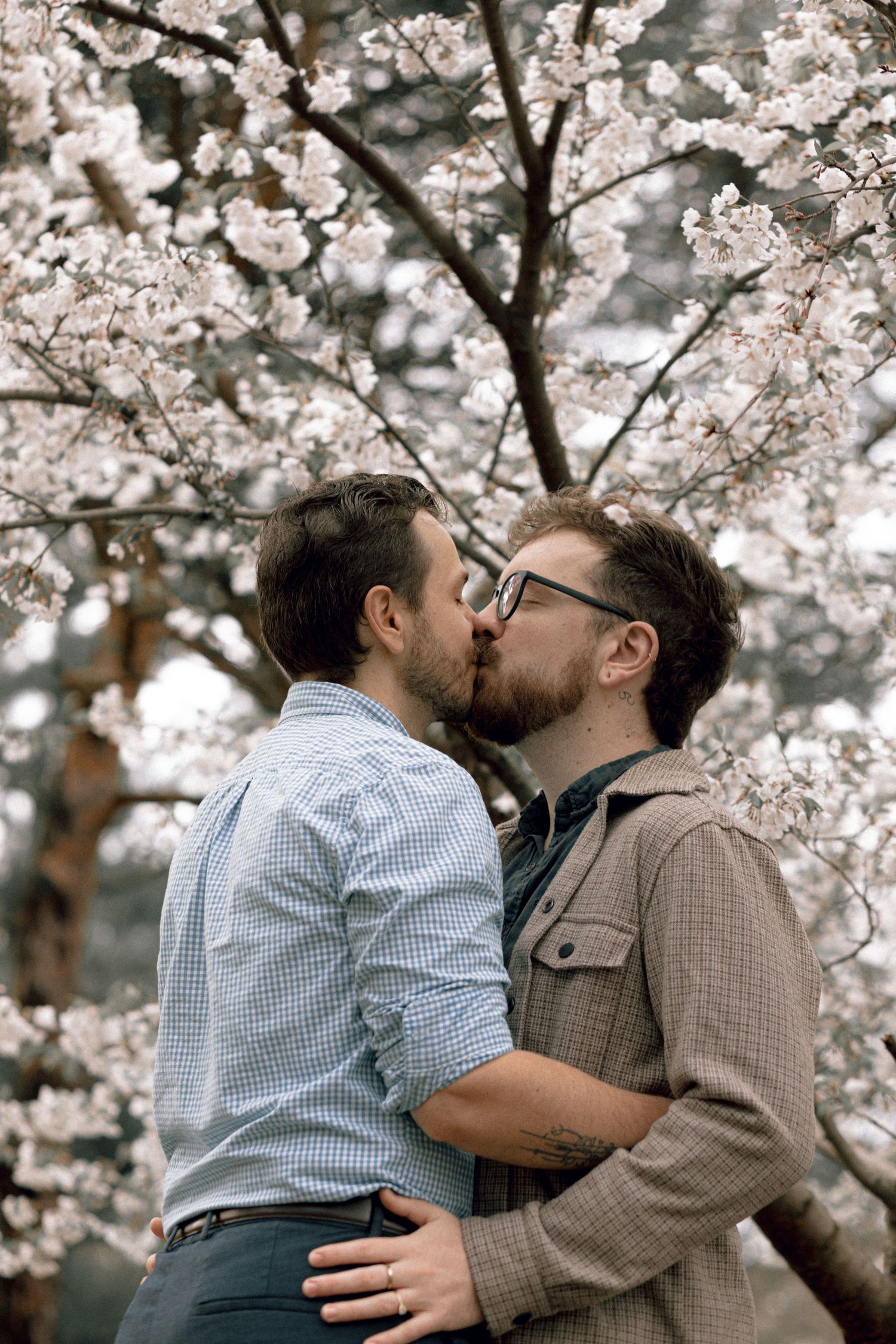 Gay couple at High Park during cherry Blossom season for their engagement photoshoot.