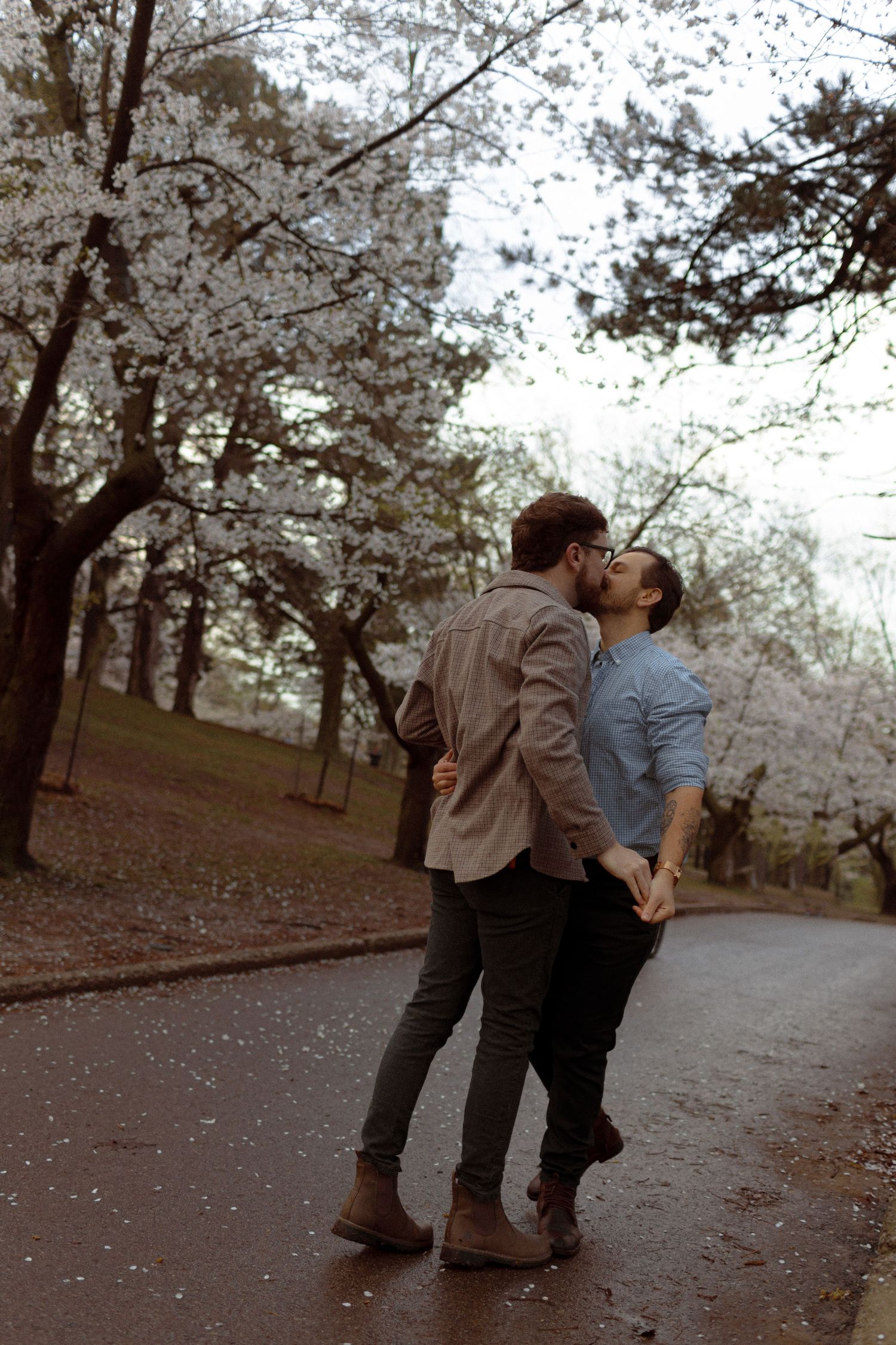 Gay couple at High Park during cherry Blossom season for their engagement photoshoot.