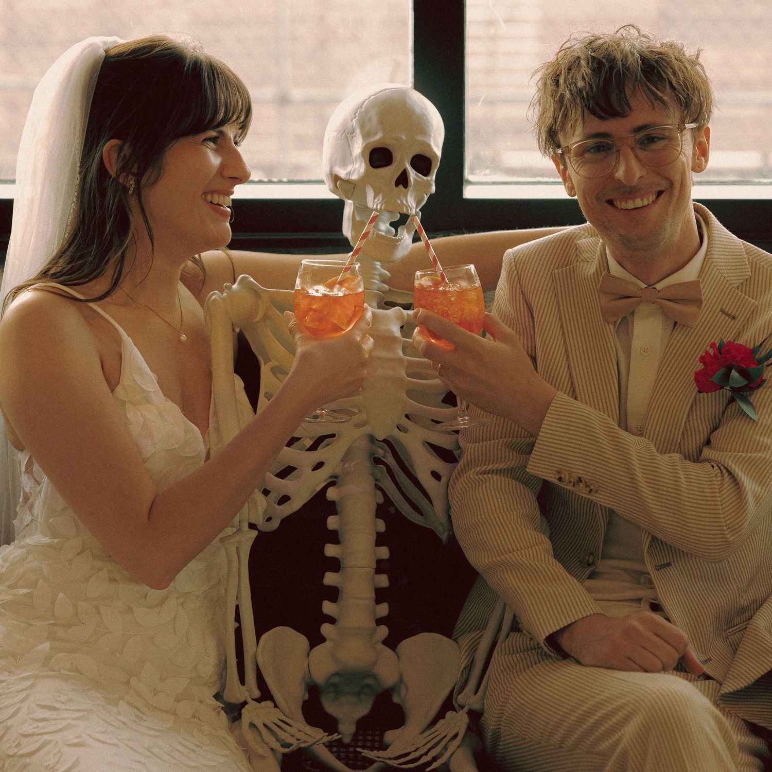 Matt and Monica’s funny, offbeat wedding at Toronto Micro Weddings with Skelly the skeleton and charcuterie boards art at the tables
