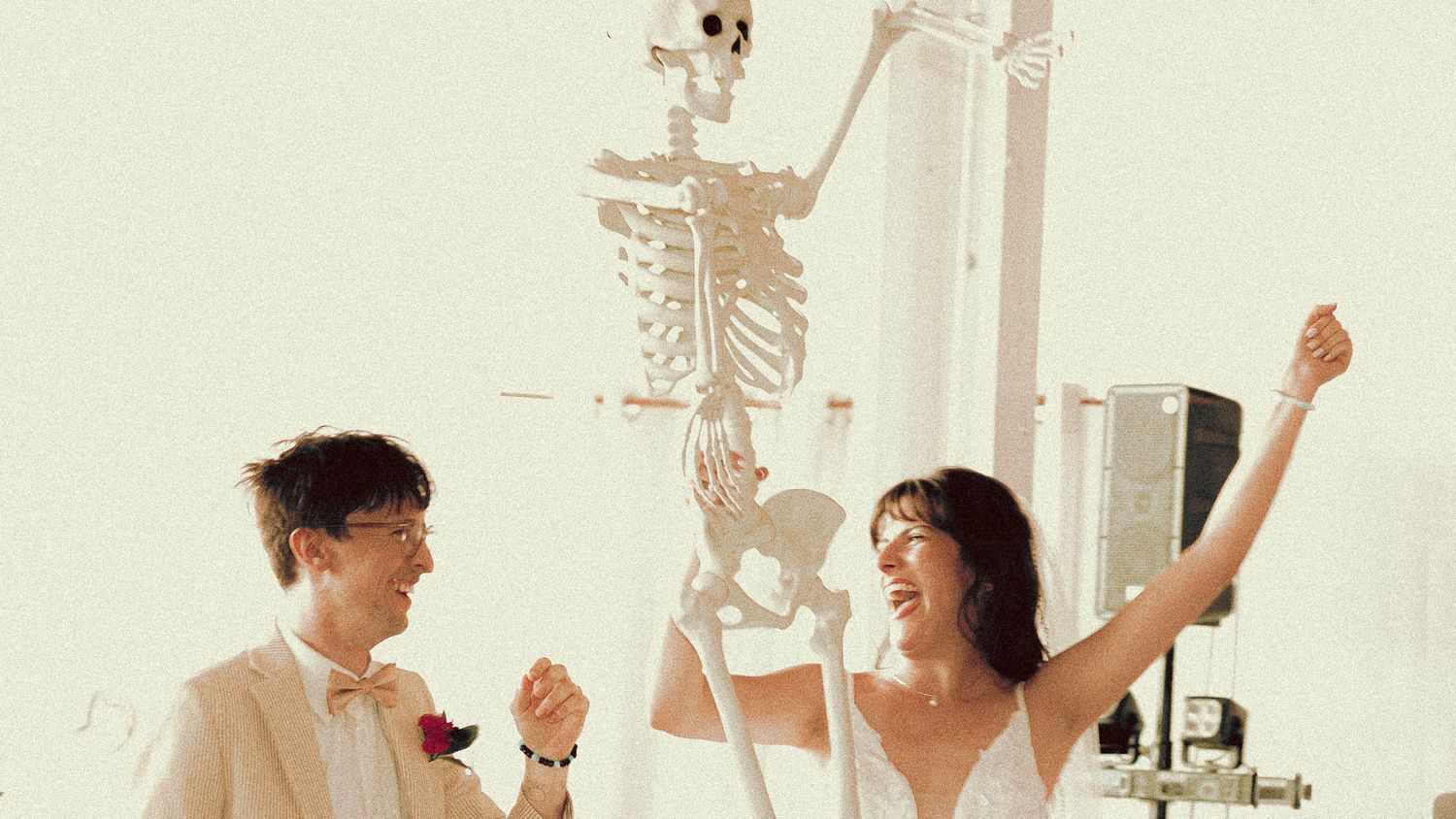Matt and Monica’s funny, offbeat wedding at Toronto Micro Weddings with Skelly the skeleton and charcuterie boards art at the tables