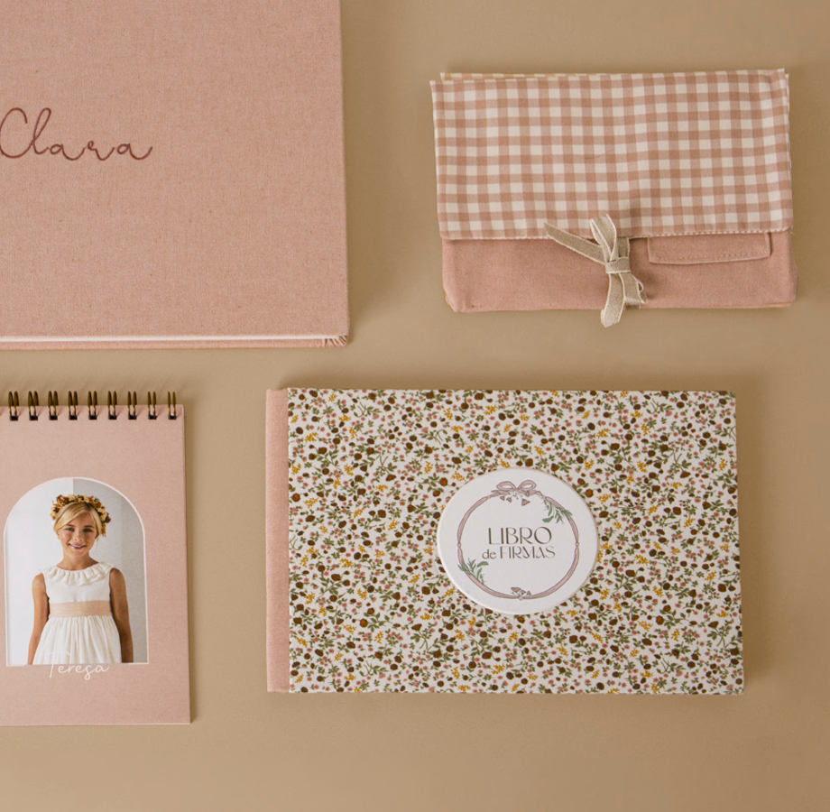 Pink and floral wedding stationery collection featuring delicate patterns and gingham fabric details on beige background.
