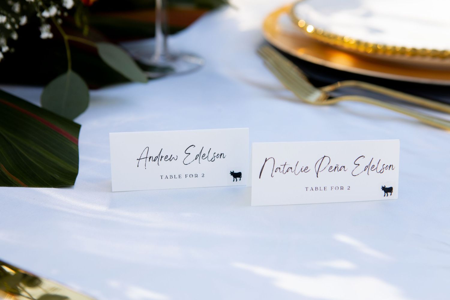 White place cards with black text and small animal icons displayed on a table setting.