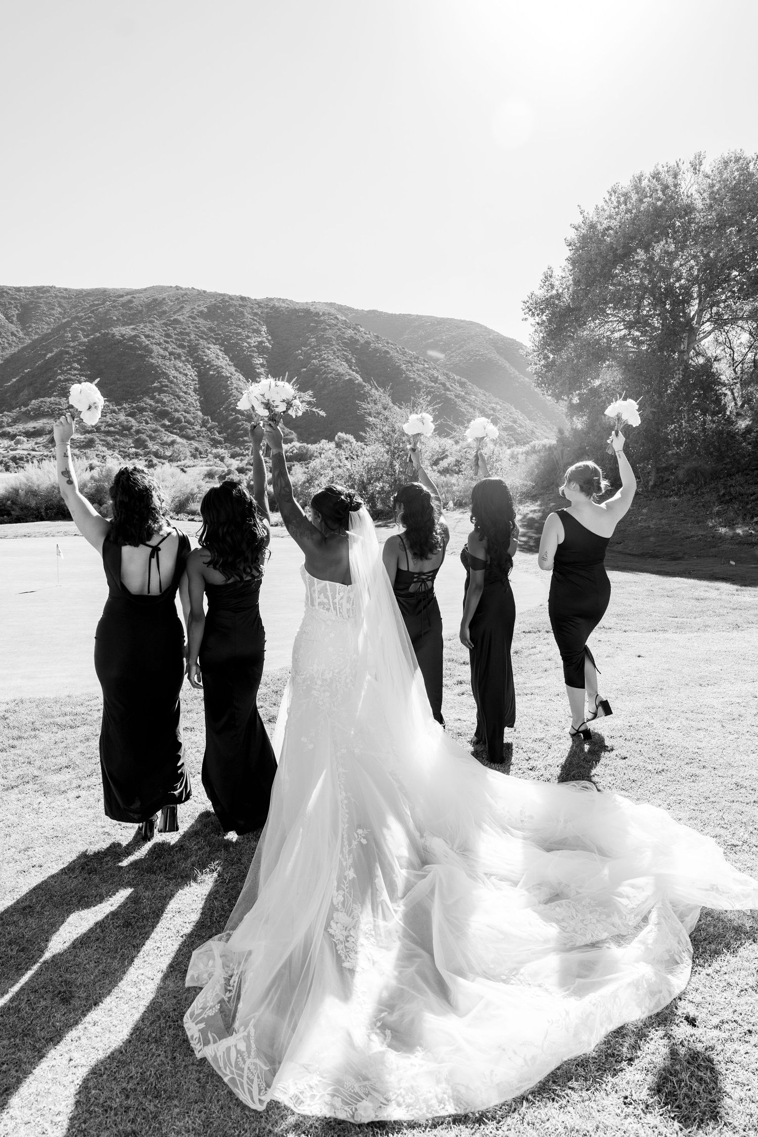 Wedding party celebrating outdoors with silhouettes against mountain backdrop.