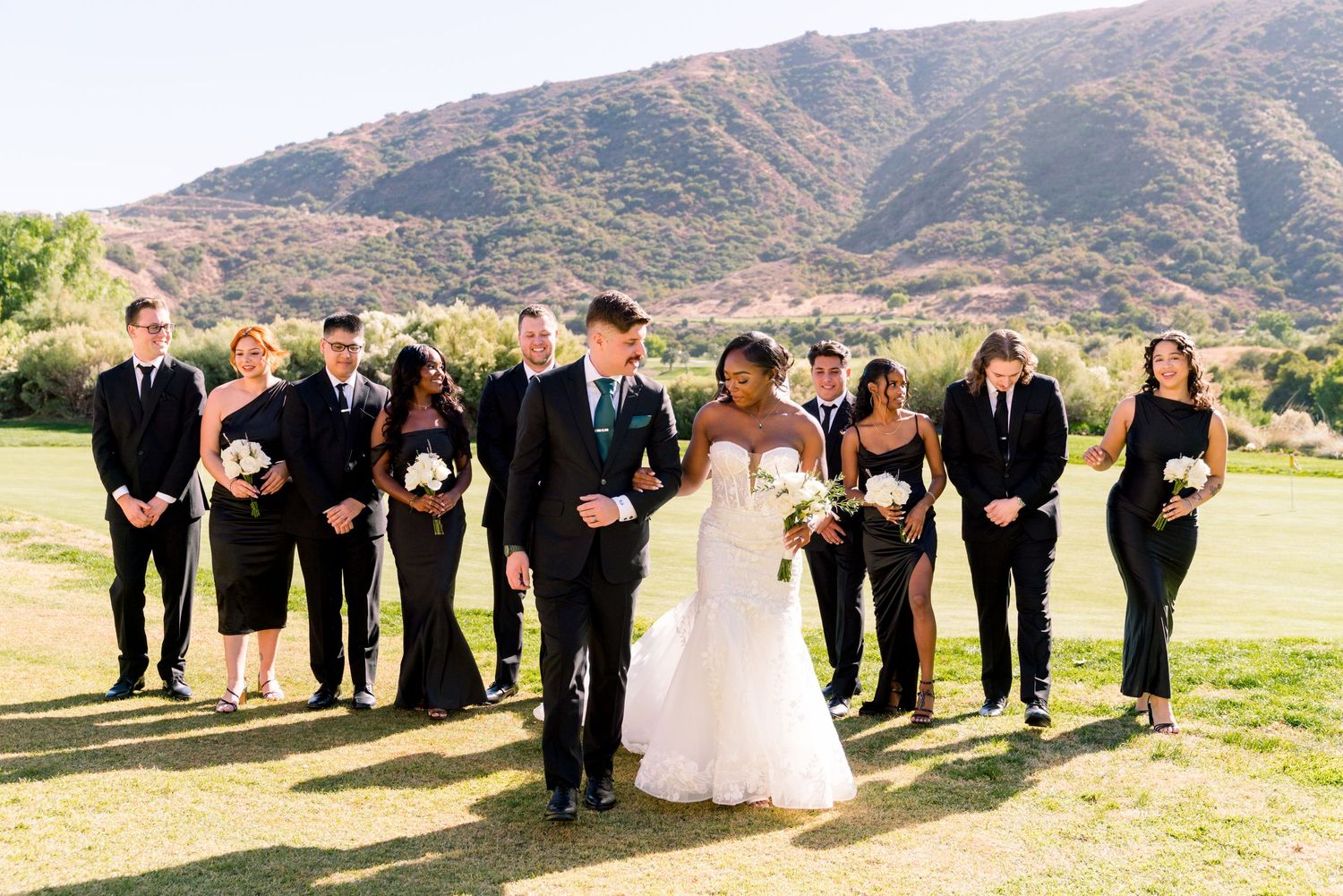 Wedding party posed together outdoors with mountain landscape in background.