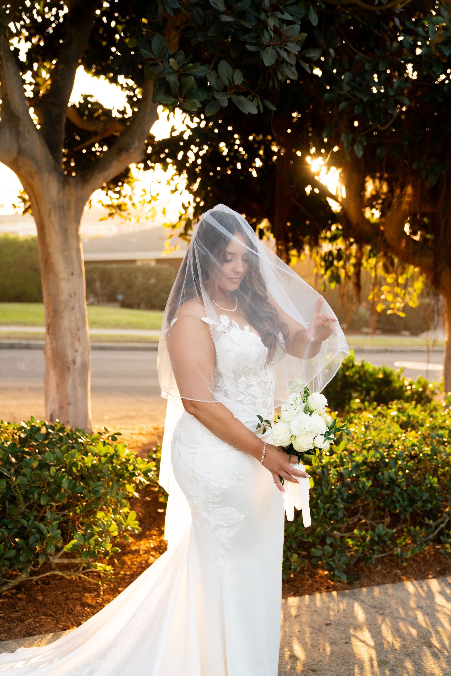 A beautiful wedding dress silhouetted against a golden sunset with trees in the background.