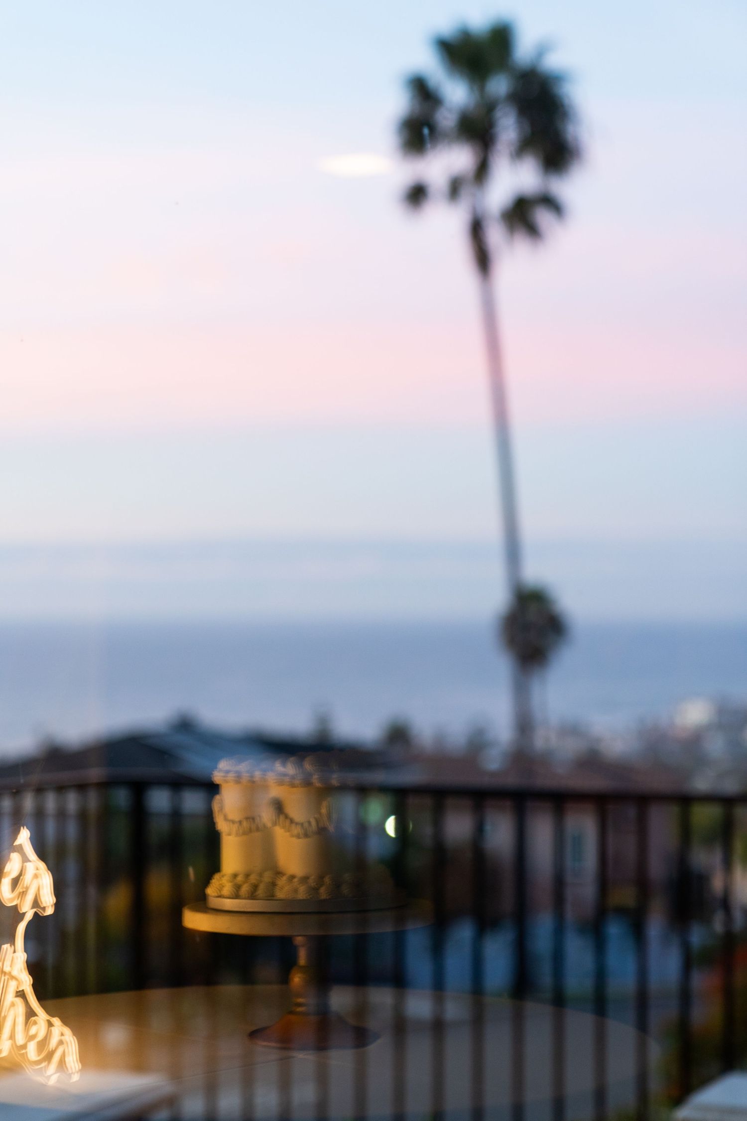 A wedding cake silhouetted against a sunset sky with a lone palm tree in the background.