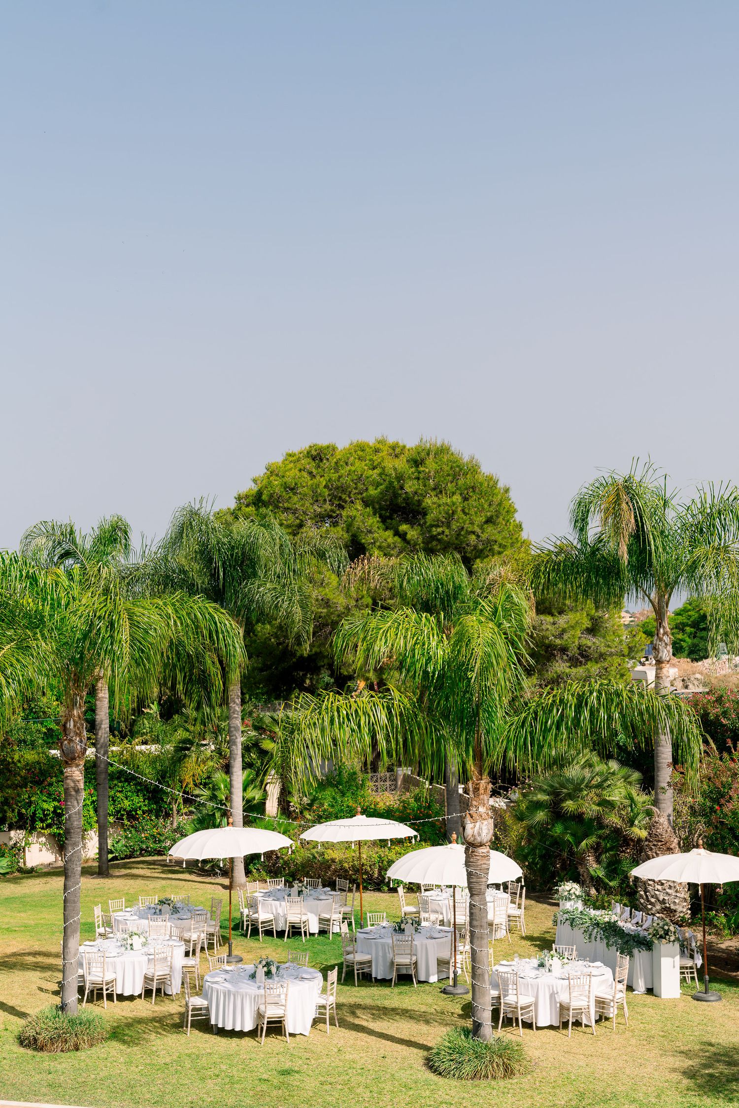 Outdoor wedding reception setup with white umbrellas and round tables arranged under towering palm trees in a garden setting.