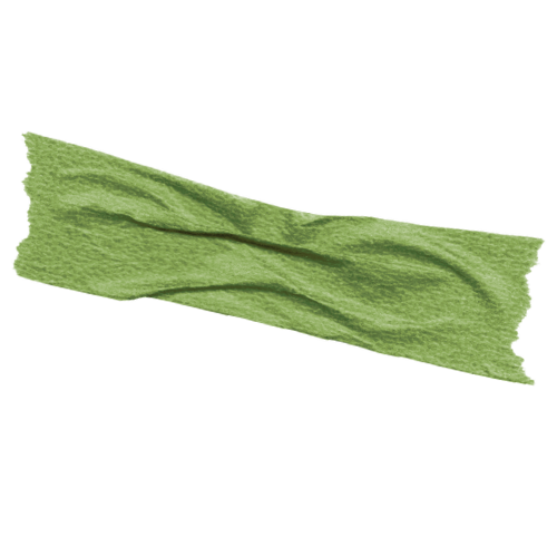 A piece of wrinkled green masking tape or washi tape against a white background.