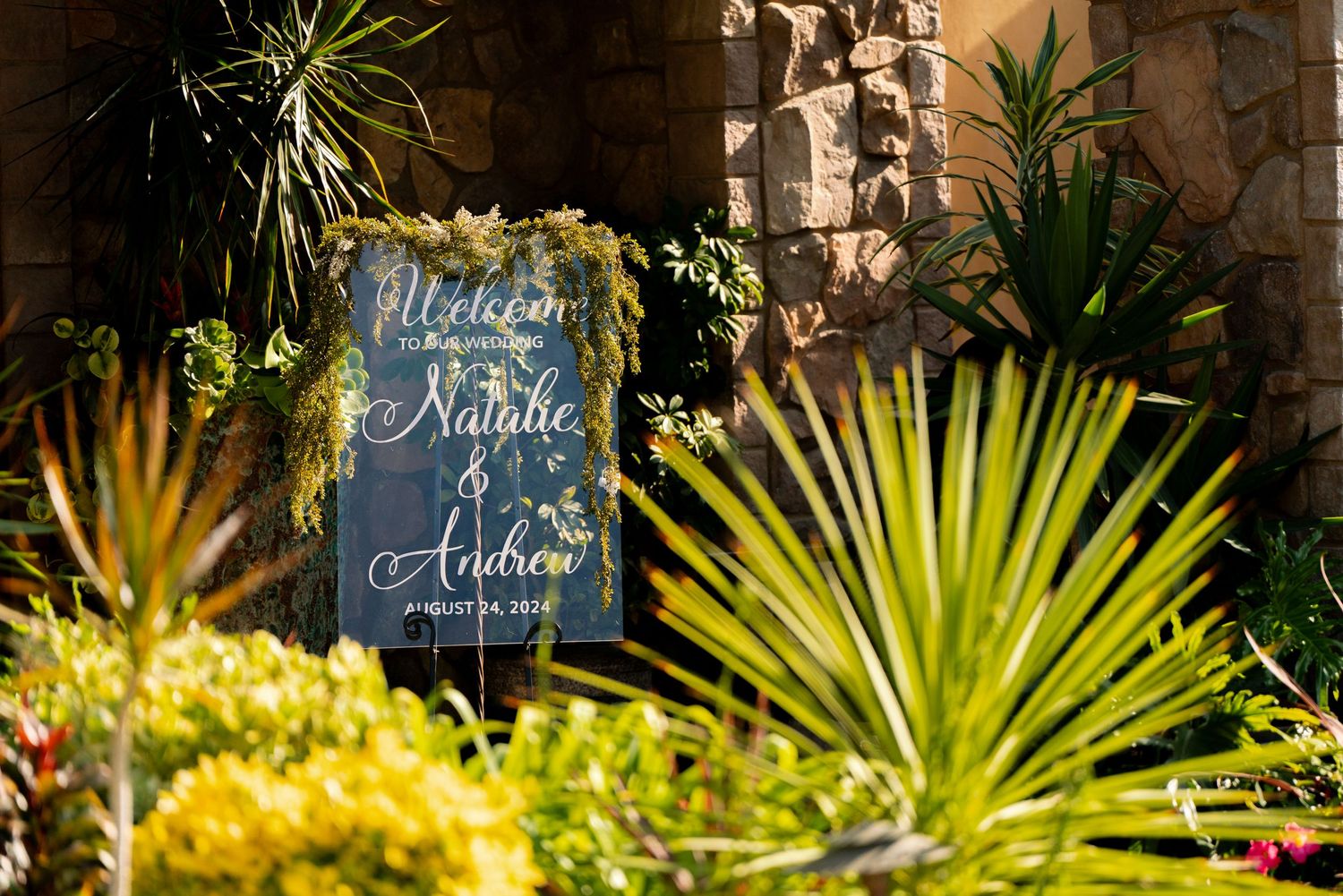Wedding welcome sign with calligraphy surrounded by tropical plants and yucca leaves.