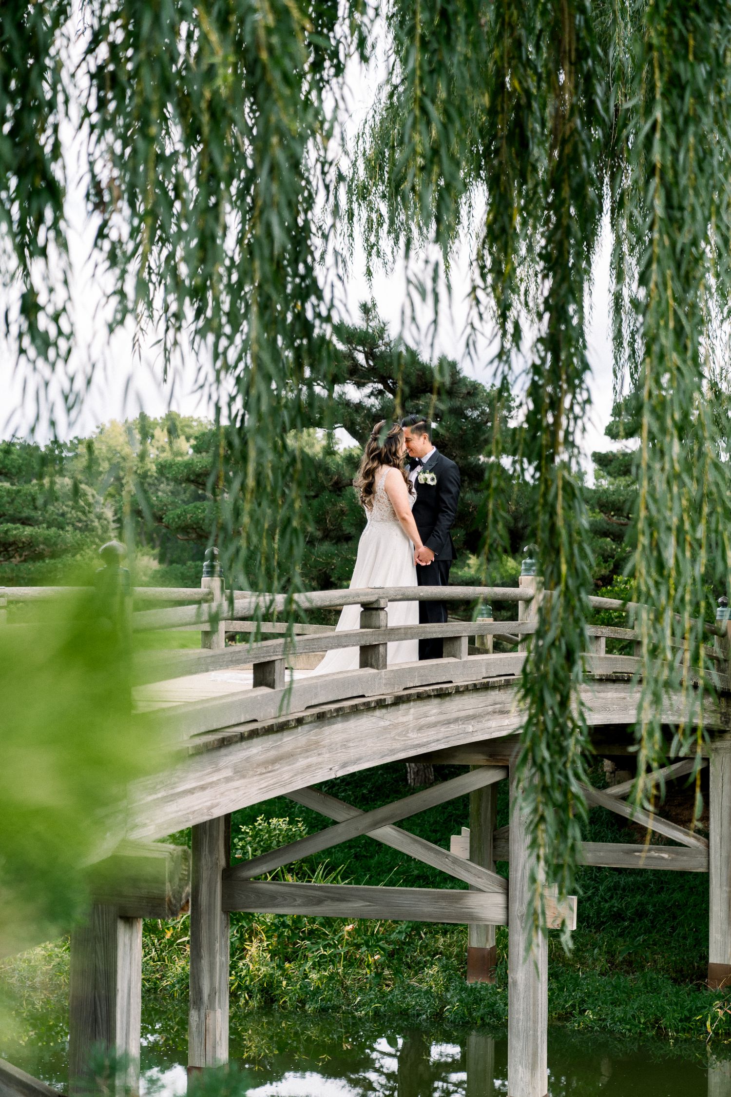 A romantic couple embraces on a wooden bridge surrounded by cascading willow branches in a serene garden setting.