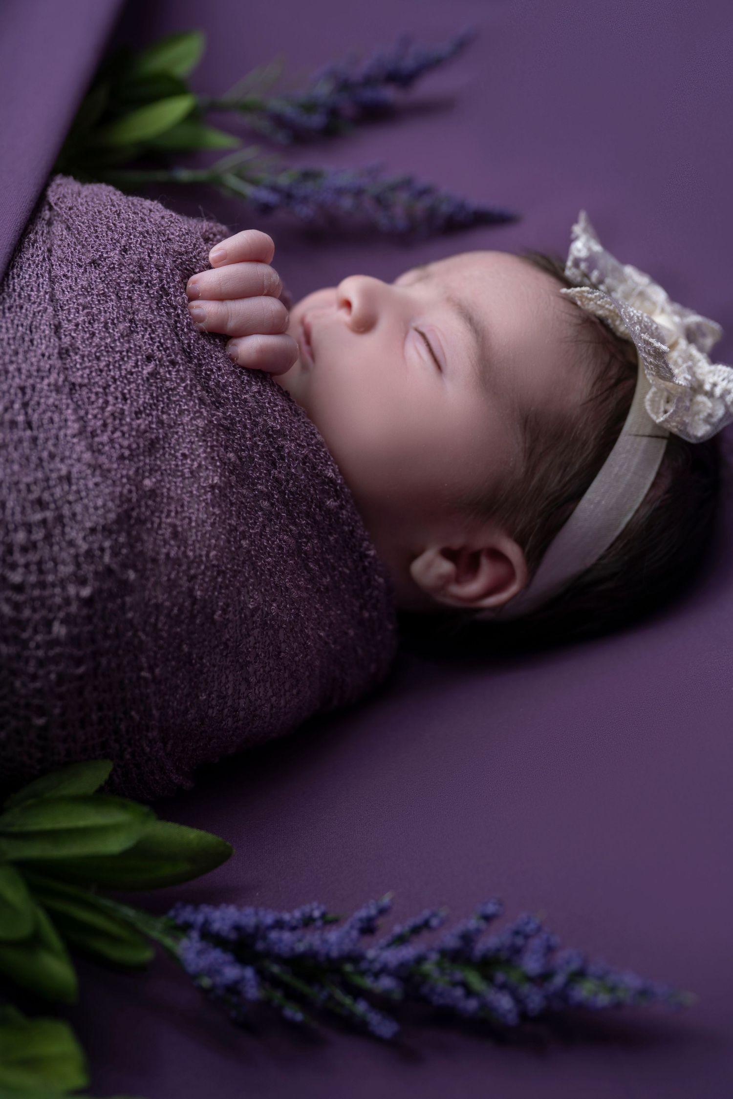 A peaceful newborn photography setup with lavender sprigs and purple tones.