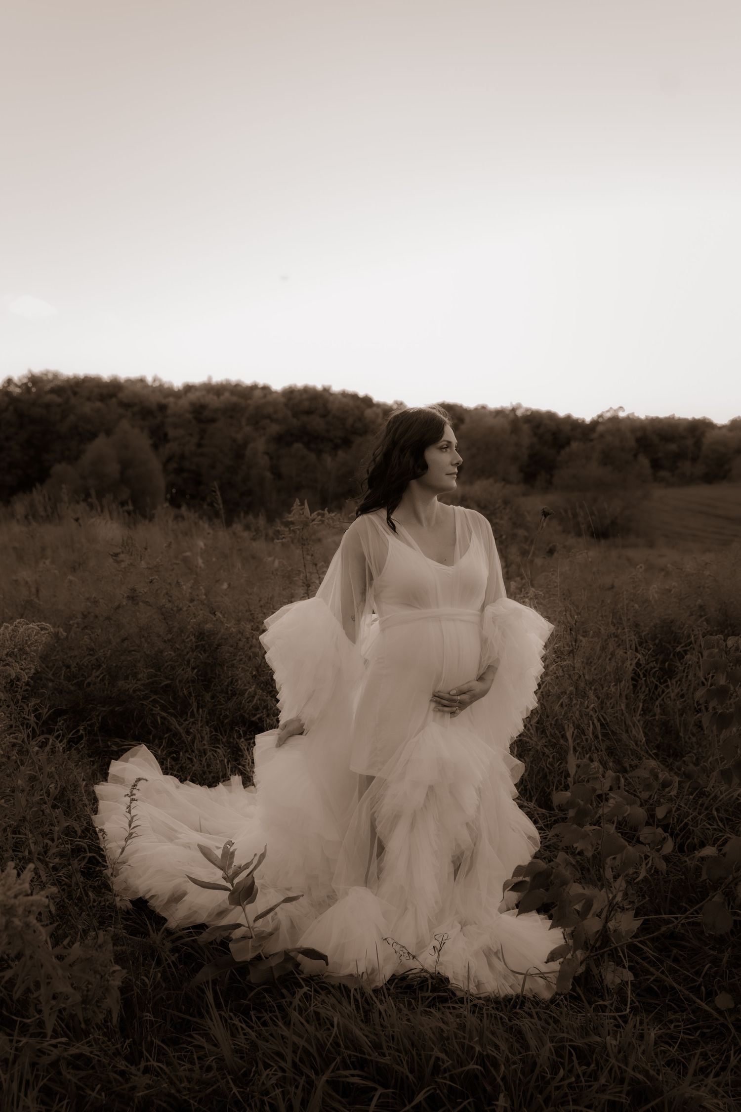 Vintage-style maternity photograph showing a flowing white dress against a wild field landscape at dusk.