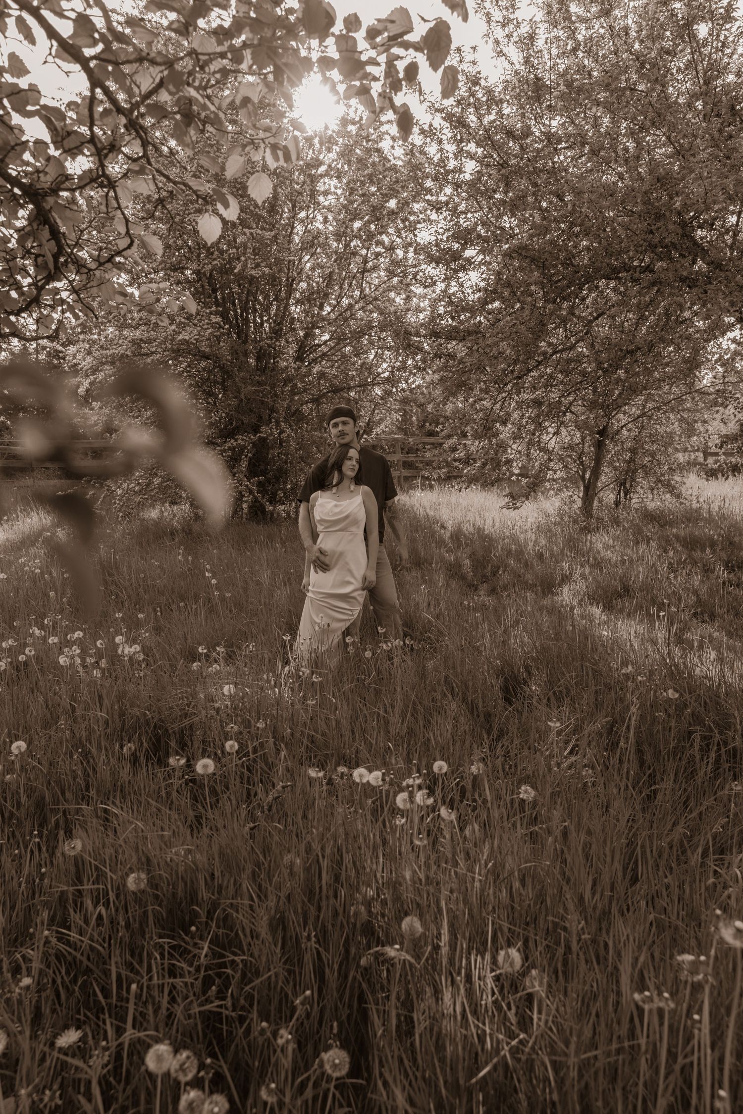 A sepia-toned pastoral scene shows a figure standing among tall grass and dandelions beneath leafy trees.